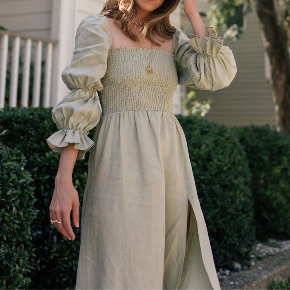 Reformation Hyland Green Linen Smocked Midi Dress Medium